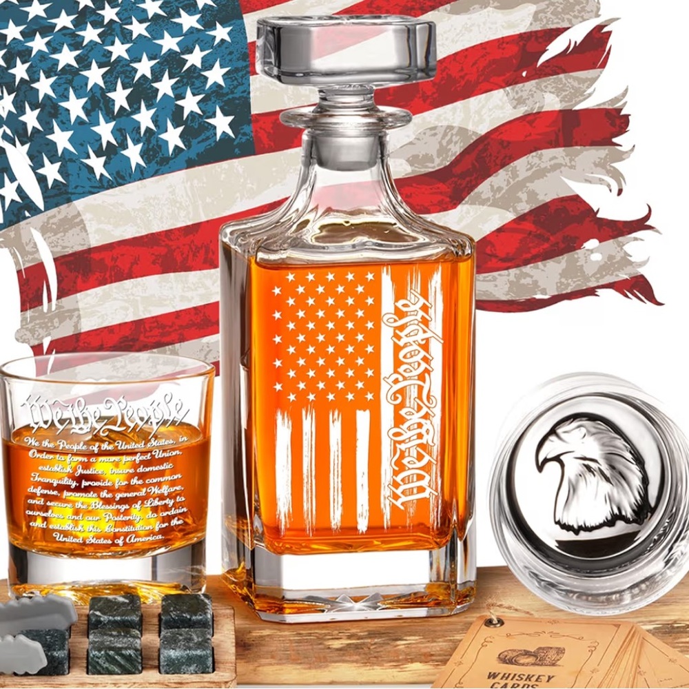 NEW PONPUR Whiskey Decanter Set Glasses Etched America WE THE PEOPLE USA GIFT